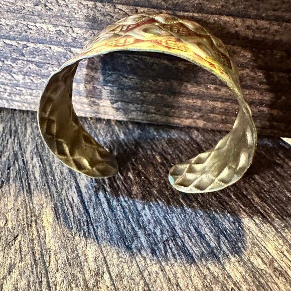 Handcrafted Artesian Boho Brass Patina Bracelet, Burnt Orange Diamonds and Squa - Picture 5 of 7